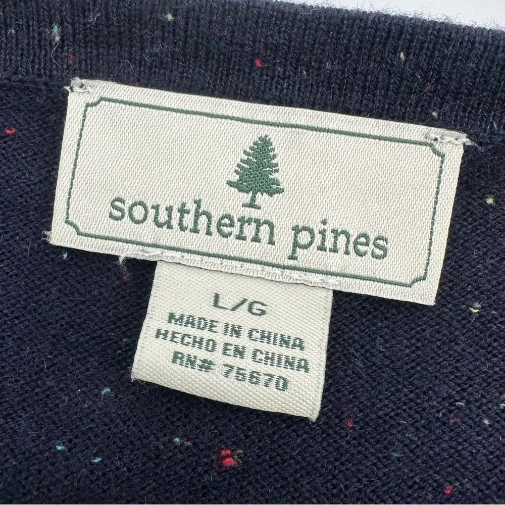 SOUTHERN PINES Sweater Mens L Navy Blue Speckled Pullover Vneck Knit Golf Preppy